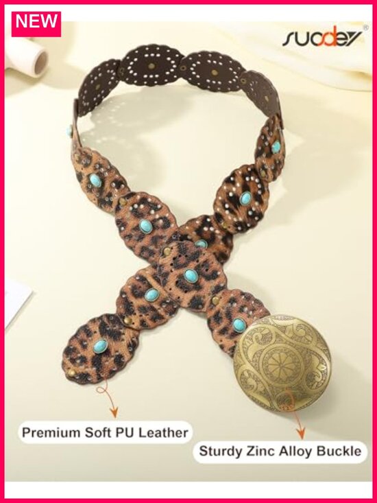 Wide Western Belt with Turquoise Accents PU Leather Cowgirl Belt for Jeans Dress main image 5